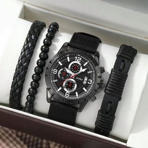4pcs/Set Men's New <b>Watch</b> Suit Cool Three-Eye Quartz <b>Watch</b> All-Match Beaded Weave Bracelet - Product Image 2