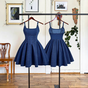 2025 Women's Empire Waist A-Line Skirt <strong>Dress</strong> Latest Design Vintage Style Solid Patchwork Midi Sexy <strong>Denim</strong> Blue Halter Spring - Product Image 1