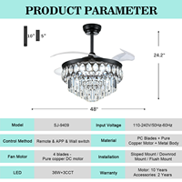 Ventilateur de plafond en métal et cristal de 42 pouces avec lumière, grande couverture, 5 CCT, moteur DC dimmable, luxe pour villa, couloir, personnalisable OEM