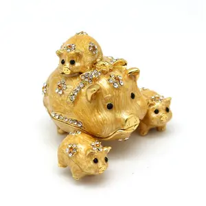 SHINNYGIFTS Metal Enamel Animal Trinket Box Pig Family Jewelry Box Metal Craft on Desk Home Decorative for Mother's Day