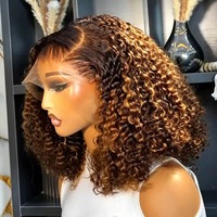 Perruque courte bouclée profonde avec dentelle frontale, 100 % cheveux humains, ombré blond, ondulations aquatiques, perruque frontale HD 13x4