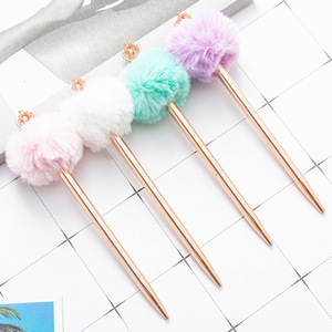 Custom Logo Printed Kawaii Stationery Fluffy Pompom Metal Ballpoint Pen Aluminum Gift Pen with <b>Crown</b> - Product Image 1