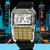 Reloj Multifunción para Hombre con Calculadora, Caja Transparente de Plástico, Correa de TPU, Pantalla LED, Reloj Digital
