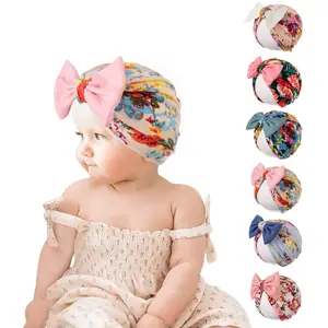 Милая детская шапка с цветочным принтом, индийский тюрбан для малышей, повязка на голову с бантом для младенцев, детская шапочка, шапочка для новорожденных, шапочка для младенцев 0-18 месяцев
