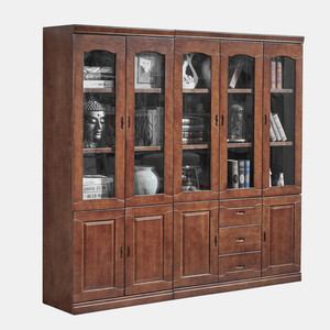 Xiuyuan Spring Scenery <b>Solid</b> <b>Wood</b> <b>Bookcase</b> With Glass Doors Modular Study Cabinet For Home Office Storage Walnut Color - Product Image 5