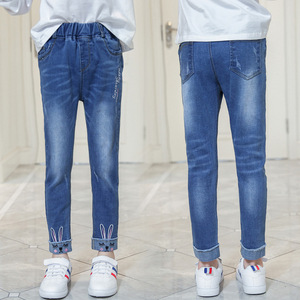 Pakaian Anak Buatan Cina Online Gaya Korea Celana <span class=keywords><strong>Jeans</strong></span> Denim Lembut Berumbai Model Ketat untuk Anak Perempuan - Product Image 5