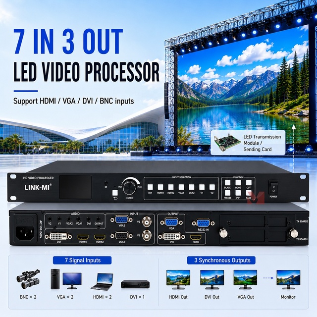 7 in 3 Out  LED Video Processor HDMI / VGA / DVI / BNC with Seamless Handover Buttons Remote RS232 Control