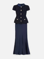 Ensemble Tailleur Femme Élégant 2026, Haut en Tweed et Jupe en Satin Bleu Marine de Haute Qualité