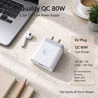 Adaptor Daya Custom Logo QC 80W 5V 3A 9V 2.25A 12V 1.8A Colokan EU untuk Kamera, Tablet, Speaker, dan Pengisi Daya Ponsel