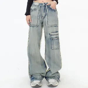 Customized Women's Raw Edge Washed Wide Leg Denim Pants