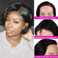 Perruque Lace Frontal Wig naturelle bouclée 13x4, coupe Pixie, Bob, noeuds blanchis, avec Baby Hair