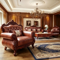 Klassisches Amerikanisches Echtleder-Sofa-Set Massivholz Handgeschnitztes Sofa Villa Wohnzimmer Heim-Möbel