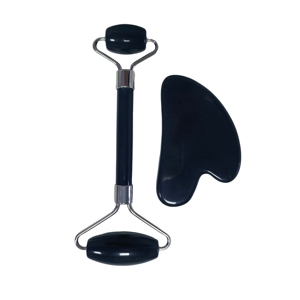 Rouleau de massage facial en obsidienne noire et planche Gua Sha, ensemble de 2 pièces, outils de massage pour les soins de la peau - Product Image 2