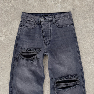 Jeans in Denim Effetto Consumato e Tinto 15oz, Jeans a <span class=keywords><strong>Doppio</strong></span> Strato con Apertura Asimmetrica, Accessori Metallici Personalizzati, Jeans Baggy da Uomo - Product Image 3