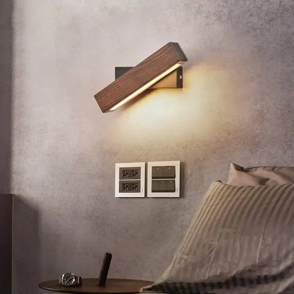 현대 창조적 인 침실 조명 조정 가능한 나무 곡물 침대 옆 탁자 벽 램프