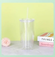 Gobelet en plastique PS perforé double couche JUNVOY avec couvercle plat et paille, bouchon inférieur DIY pour thé boba, smoothies, granités et fêtes