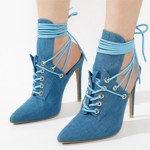Sandalias de tacón de aguja con corte trasero para mujer, sexy, de mezclilla, con punta puntiaguda y cordones en el tobillo - Product Image 4