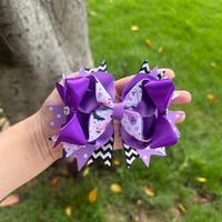 Barrettes à cheveux Halloween en ruban de satin multicouche avec imprimé fantôme et citrouille, pinces crocodiles pour filles, pour fêtes d'enfants, 14 cm