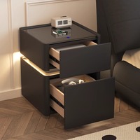 Mesita de Noche Inteligente Moderna y Lujosa con Luces LED, Carga Inalámbrica, Altavoz, Gabinete de Madera y Cuero para Dormitorio