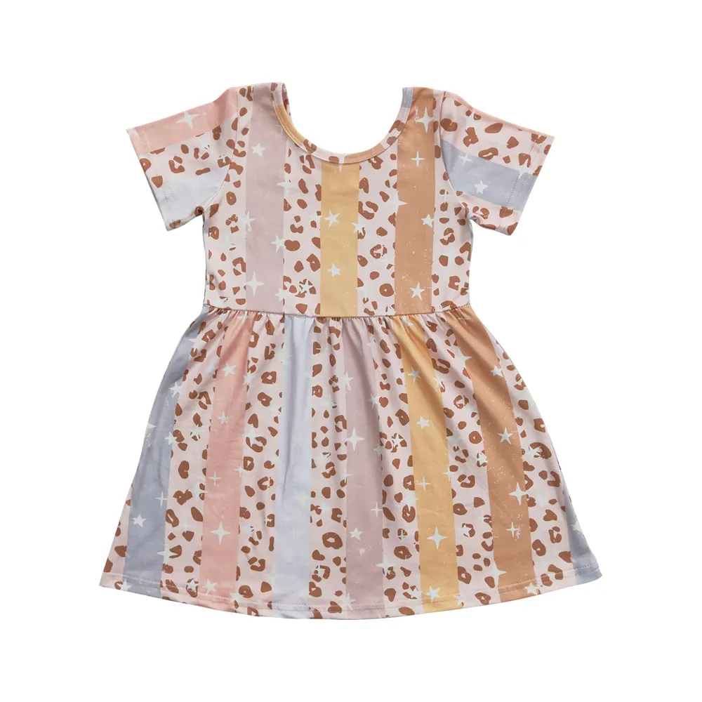 summer Fashion trend toddler girl dress Leopard Star Print Light Pink Blue Orange Vertical Stripe Waist Wrapped Round Neck Dress