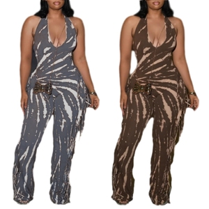 Combinaison moulante sexy pour femme, dos nu, imprimée à franges, avec liens halter, tendance - Product Image 1