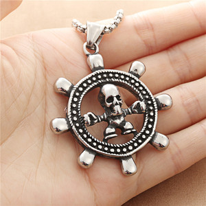 yunnique Stainless Steel <b>Ship</b> <b>Wheel</b> Skull Pendant Necklace Men's Retro Fashion Jewelry 190187 - Product Image 3