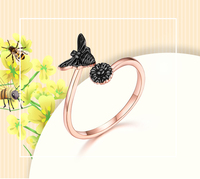 UMCHO Bague ouverte fleur d'abeille de couleur noire Bagues en argent sterling 925 pour femmes
