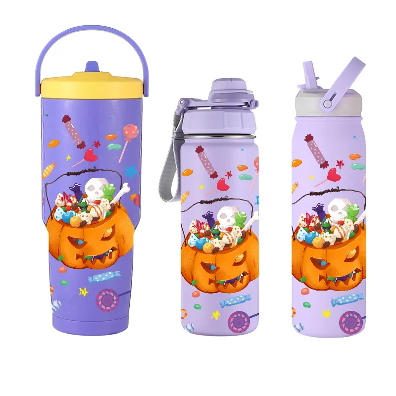 Frasco de vacío aislado con patrón luminoso para Halloween, personalizado, vaso de acero inoxidable y botellas de agua con tapa de mango de paja