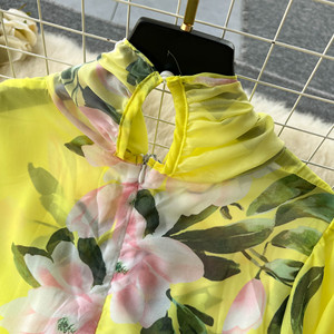 Fiocco personalizzato in vita mostra un vestito stampato in <span class=keywords><strong>Chiffon</strong></span> floreale Super <span class=keywords><strong>giallo</strong></span> sottile da donna - Product Image 6