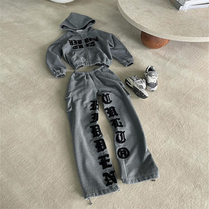 Custom High Quality 100% Cotton Embroidered Patch Logo Jogger Set Unisex Vintage Style Sweatpants and Hoodie <strong>Tracksuit</strong> - Product Image 1