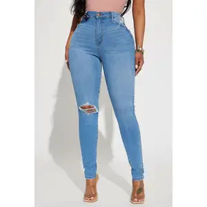 Jean skinny extensible incurvé déchiré-Jean déchiré délavé léger Colombiens Offre Spéciale femme Jean skinny taille haute stretch Slim J