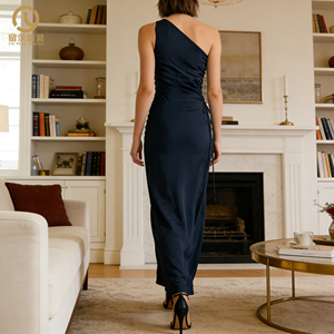 Robe <span class=keywords><strong>longue</strong></span> en satin bleu foncé pour <span class=keywords><strong>femme</strong></span> à talons hauts, sans manches, col halter, taille froncée, faible MOQ, fabricant - Product Image 3