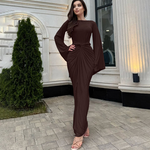 Robe longue à manches longues plissée à la taille avec ceinture pour <span class=keywords><strong>femme</strong></span>, style décontracté et formel, pour tous les jours - Product Image 4
