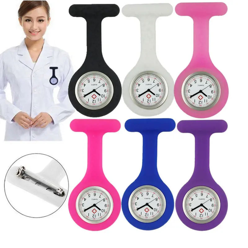 Relógio mecânico feminino de silicone, relógio mecânico de movimento de quartzo multicolor para enfermeira, bolso de peito, broche, silicone, relógio de enfermeira
