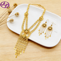 Ensemble de bijoux Hongyue de luxe plaqué or 24 carats, motif floral arabe, avec pampilles, collier long et boucles d'oreilles pour femme, idéal pour mariage et soirée