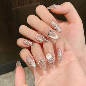 Uñas Postizas <span class=keywords><strong>Color</strong></span> <span class=keywords><strong>Rosa</strong></span> Primavera, Alta Calidad, Venta al por Mayor, Cortas, Almendradas, 3D, Efecto Ojo de Gato, con Adorno de Perla - Product Image 1