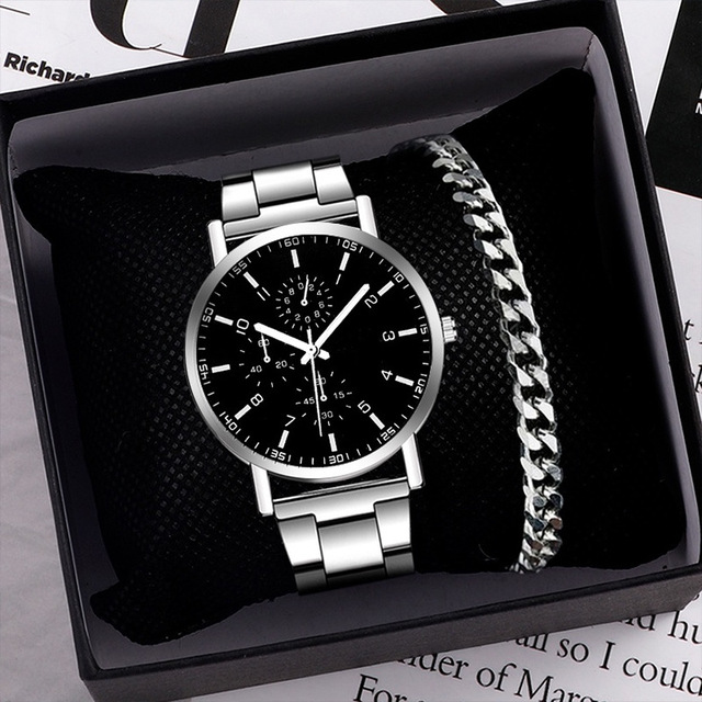 Wholesale Luxury Fashion Casual Man Steel Strip Strap Quartz Wrist Watch Business Watches for Men Bracelet Gift Set Montre Homme