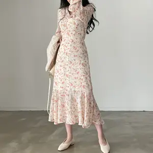 Vestido coreano elegante en primavera, vestidos elegantes, estilo de mujer, campo, cuello en V, plisado, falda Floral, vestido largo