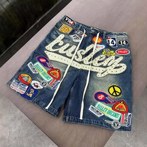 Pantalones Cortos Vaqueros Personalizados con Bordado, Pedrería y Parches, Estilo Vintage, Rasgados, de Pierna Recta, Transpirables, Casuales, con Efecto Desgastado - Product Image 3