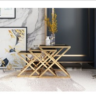 Ensemble de table basse moderne de luxe 3 pièces avec pieds croisés et plateau en verre pour salon