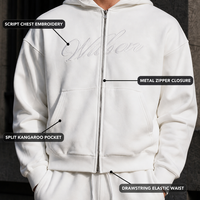 Survêtements pour hommes blancs de haute qualité personnalisés, avec sweats à capuche entièrement zippés à impression en relief et pantalons de survêtement larges en coton évasé, style automne décontracté