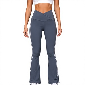 STONEX Women High Waist Flare Leggings Solid Color Side Stripe Sporty Yoga Pants Breathable <b>Knitted</b> Full Length Pants - Product Image 1
