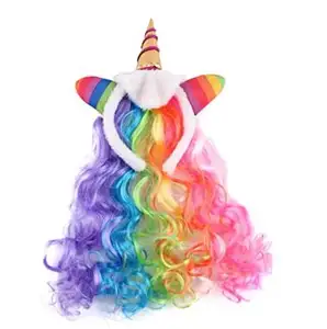 Rainbow Unicorn Wig For Baby Girls Kids Birthday Cosplay Wig Headband for Party W558