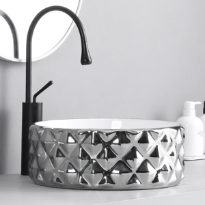 <span class=keywords><strong>Lavabo</strong></span> <span class=keywords><strong>da</strong></span> <span class=keywords><strong>Appoggio</strong></span> Moderno in Ceramica Argento e Oro, Resistente all'Acqua e Durevole, per Bagno Hotel HUIKLER - Product Image 1