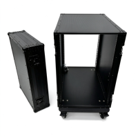 OEM All Black 16U Rack Mount Flight Case untuk Server Kurang dari 80cm dengan Roda Hitam 4 Inci dan Tutup Depan dan Belakang yang Dapat Disatukan