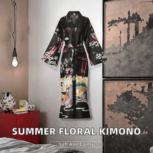 Robe kimono d'été pour femmes, vert foncé, à fleurs, sans manches, avec cordon de serrage, tissée douce, taille unique - Product Image 1