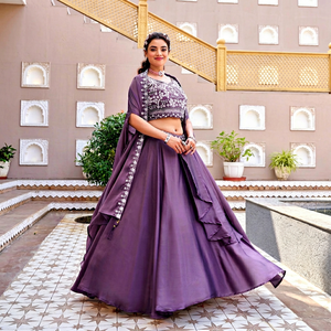Ensemble Lehenga Choli Dupatta brodé violet pour femme, tenue ethnique pour fête et mariage, longueur au sol - Product Image 1
