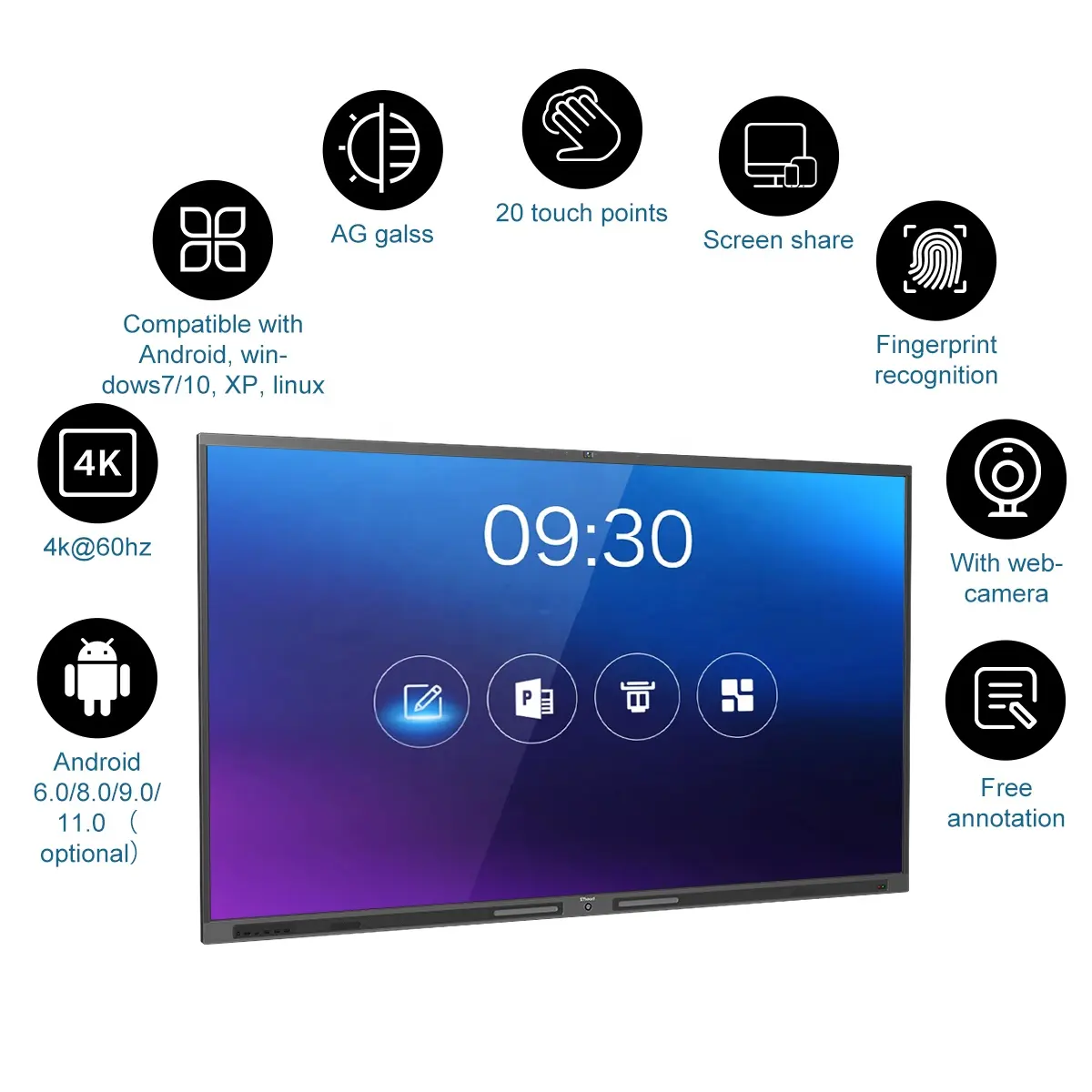 Stboard Android 11.0 75 ''Multitouch Interactieve Ir Emr Lcd Tv Grote Size Flat Panel Smart Board Touch Screen