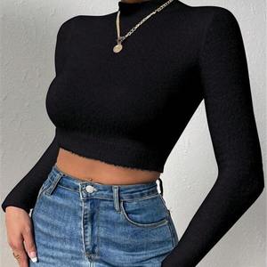 Pulls en tricot courts à col haut mince et respirant vintage pour femmes - Product Image 3