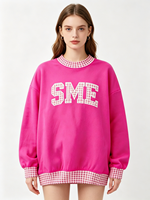 Sudadera Personalizada para Mujer con Apliques de Letras, Diseño a Cuadros con Bloques de Color, Cuello Redondo, Manga Larga, Estilo Casual Urbano